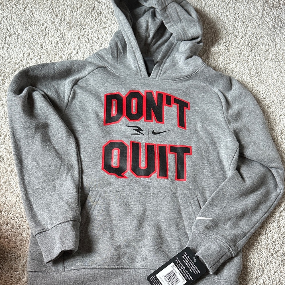 Nike Gray and Red Boys Hoodie - Don't Quit Design (size small 8-10 years)